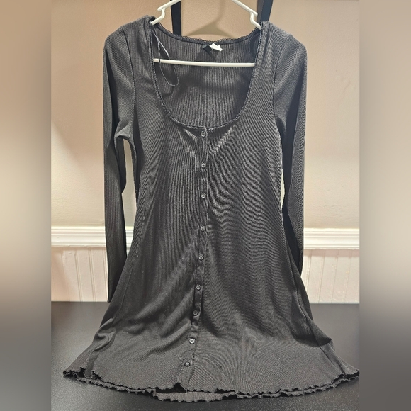 Lace Trimmed Ribbed Button Dress Medium - Picture 1 of 5